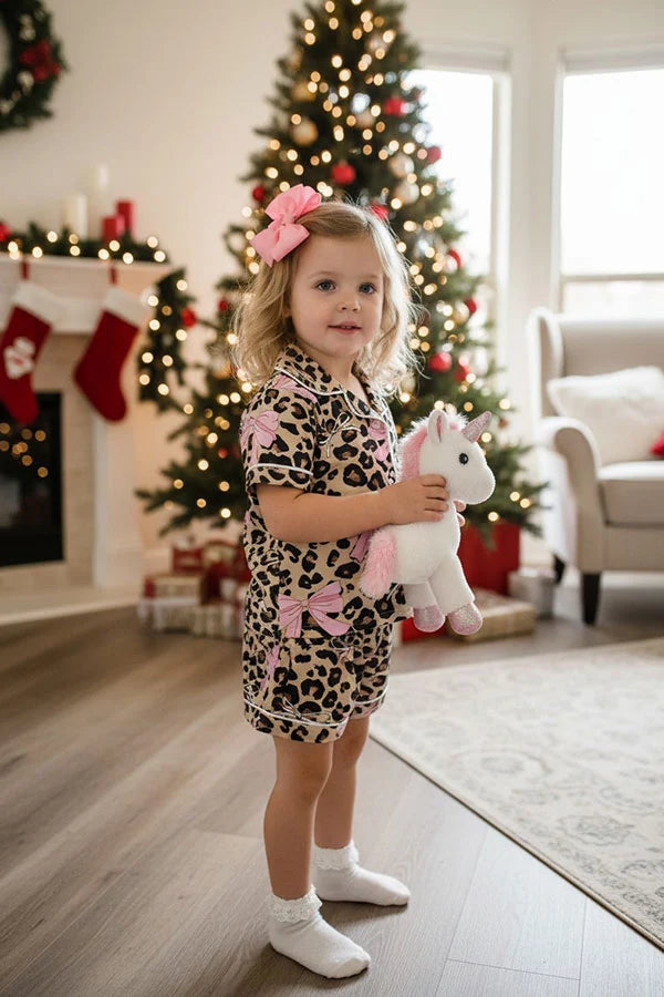 🎀 Leopard & Pink Bow 2-Piece Pajama Set 🐆