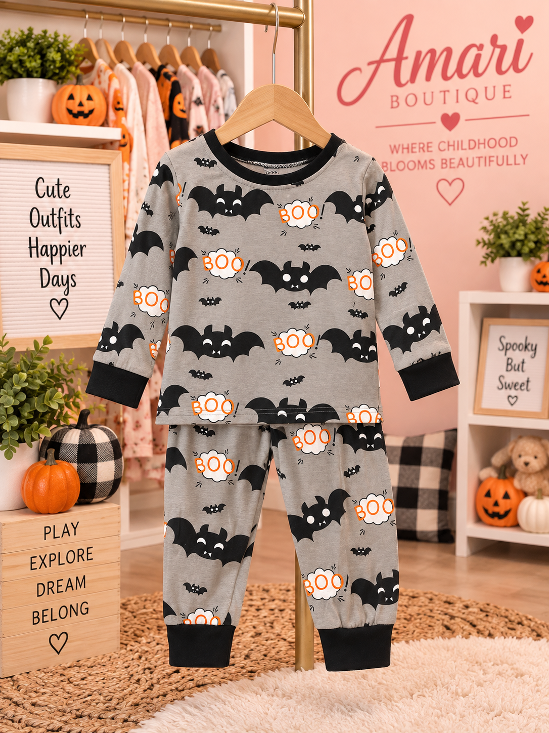 🦇 BOO! Bat & Halloween 2-Piece Pajama Set