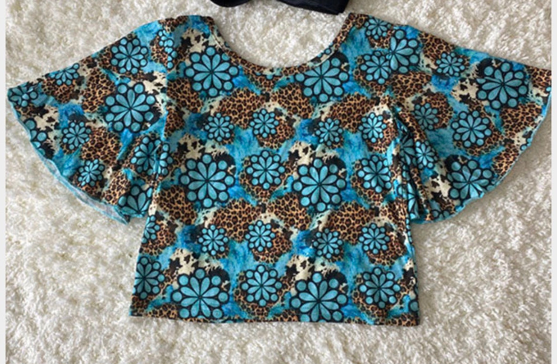 🤠 Turquoise Leopard & Floral Western 2-Piece Girls Outfit