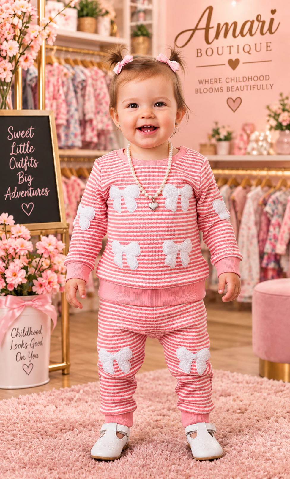 🎀 Pink & White Bow 2-Piece Girls Set