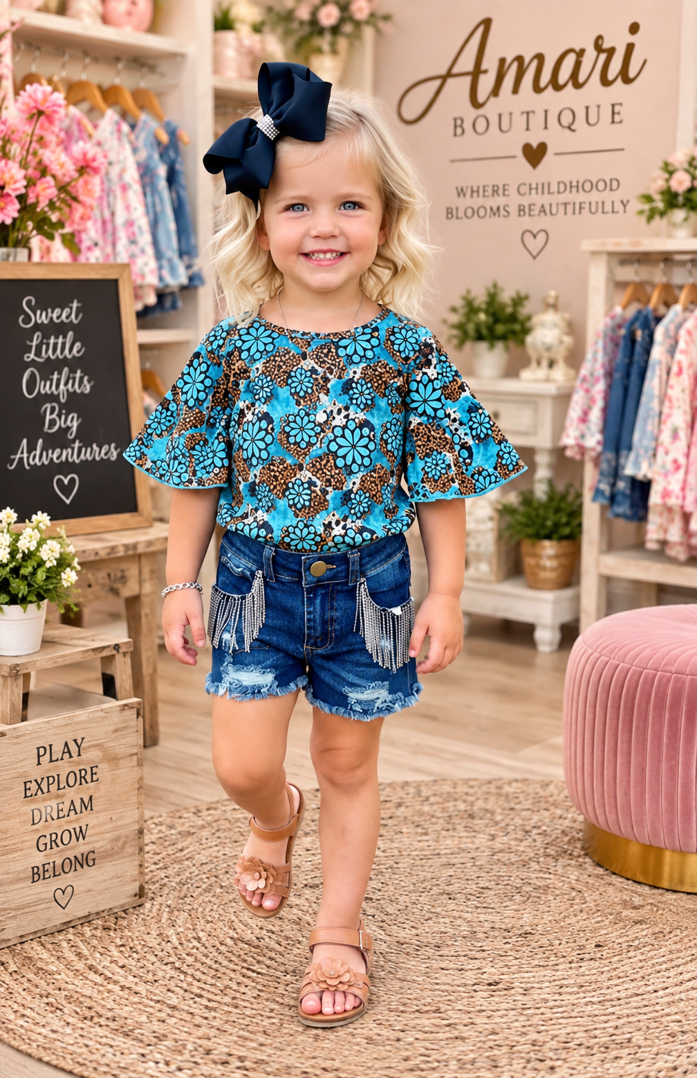 🤠 Turquoise Leopard & Floral Western 2-Piece Girls Outfit