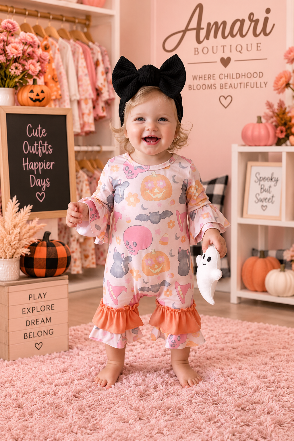 🎃👻 Pink Halloween Pumpkin & Ghost Ruffle Romper