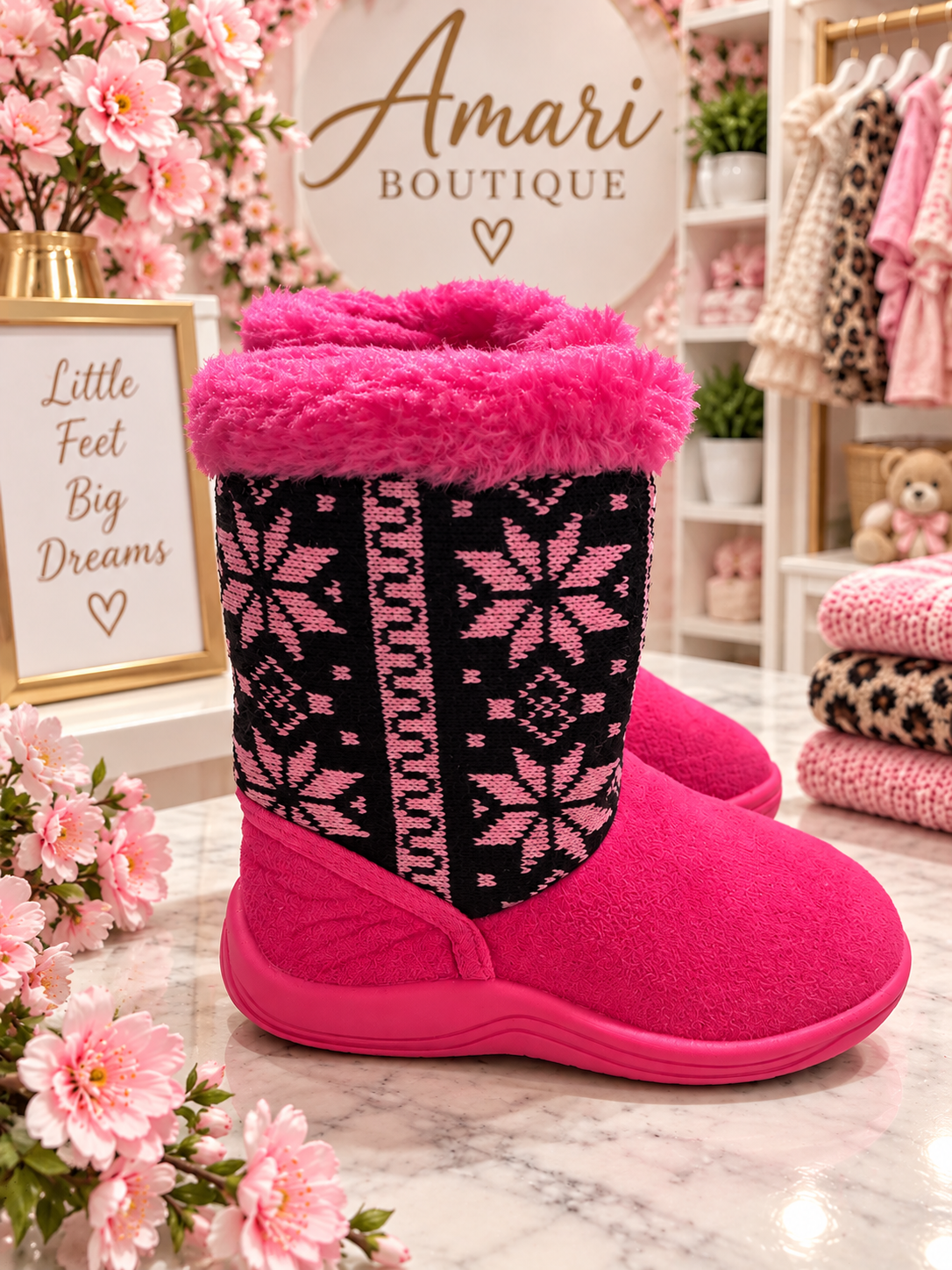 💕 Pink & Black Snowflake Winter Boots