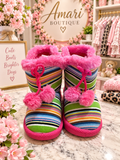 🌈 Amari Boutique Multicolor Stripe Pom-Pom Winter Boots