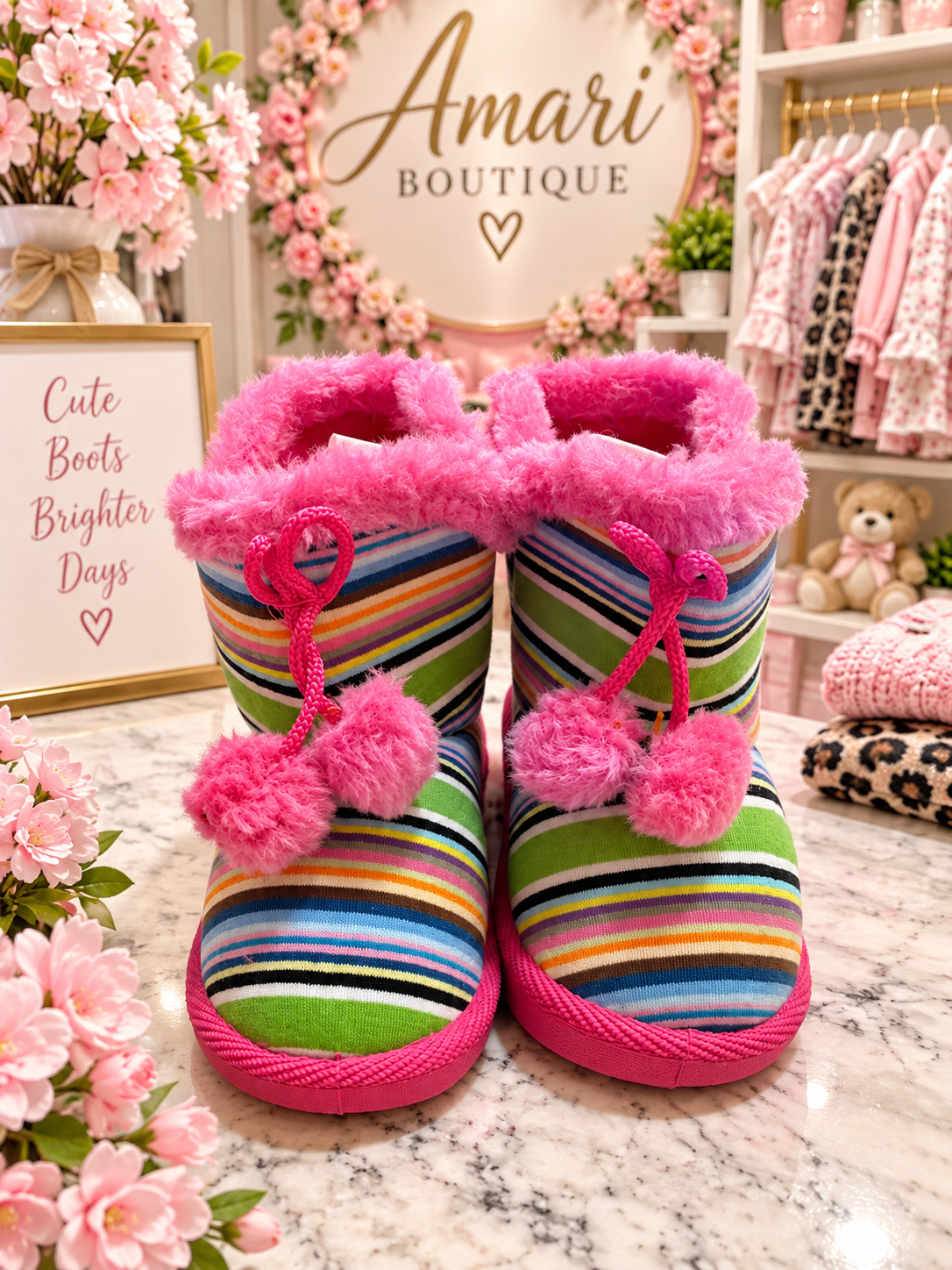 🌈 Amari Boutique Multicolor Stripe Pom-Pom Winter Boots