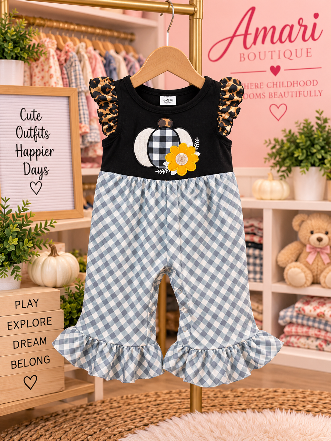 🍂Pumpkin & Plaid Fall Ruffle Romper