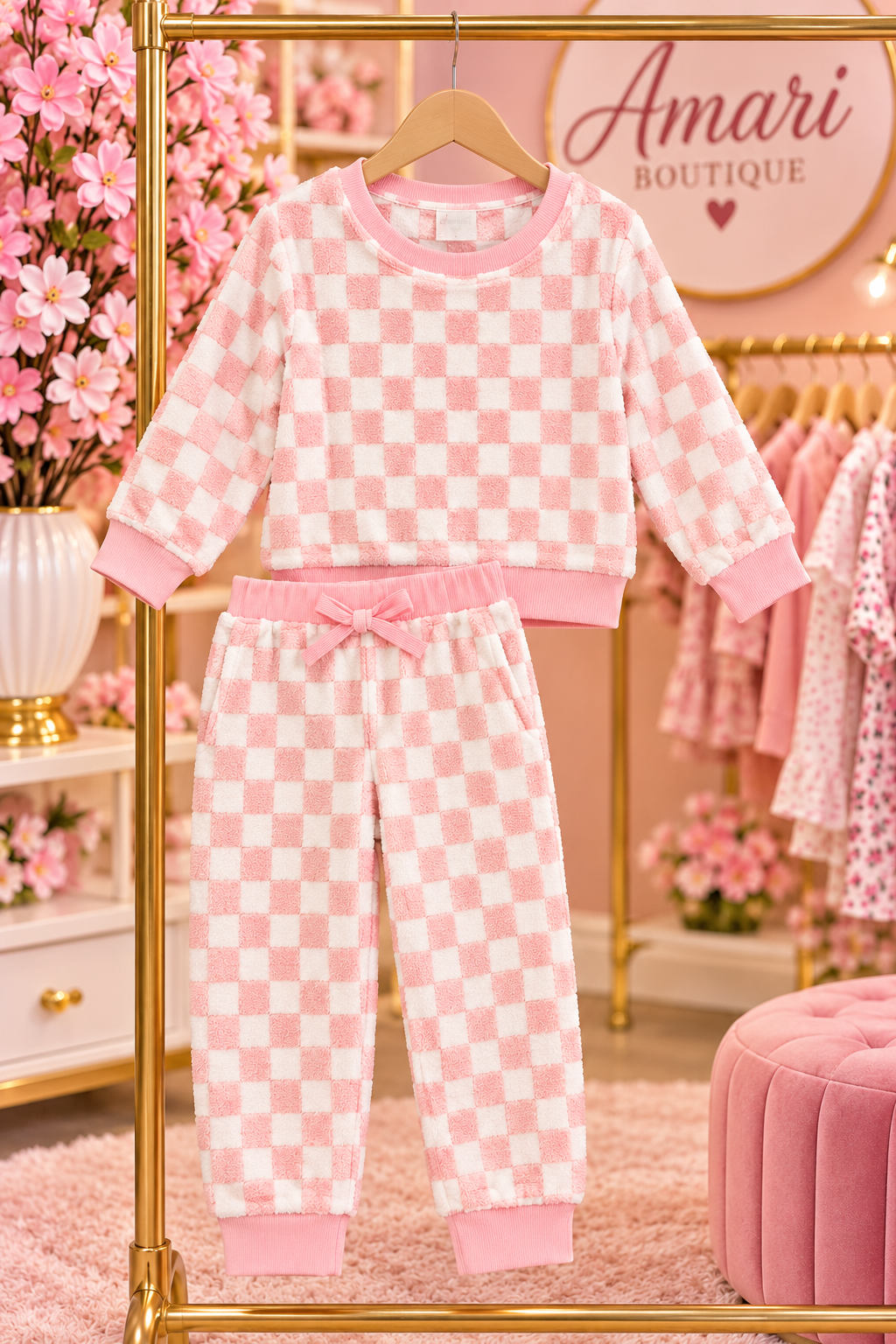 🎀 Pink/White Cozy Chkrd Pj Set